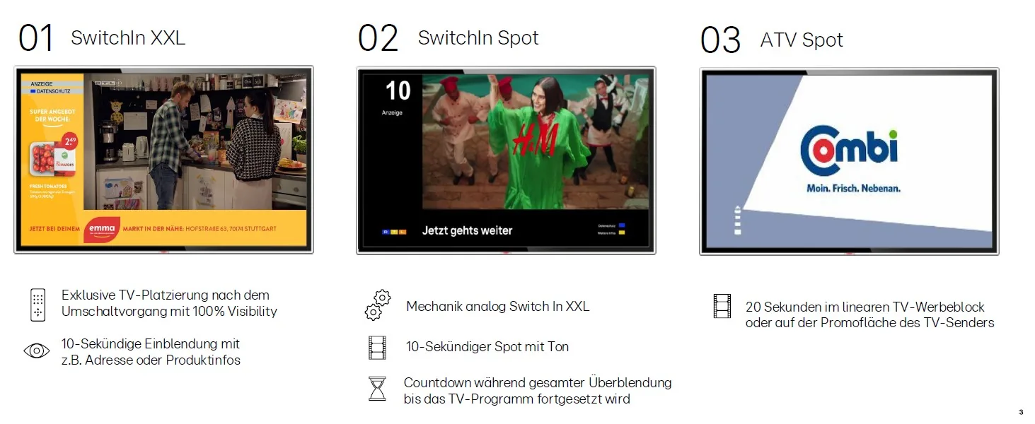 Die drei Werbeformen nebeneinander: Banner nach dem Umschalten, Spot nach dem Umschalten, Spot im Werbeblock